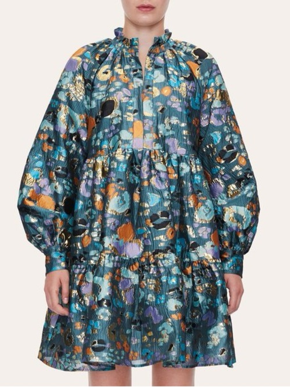STINE GOYA Teal Metallic Floral Long-Sleeve Tiered Dress